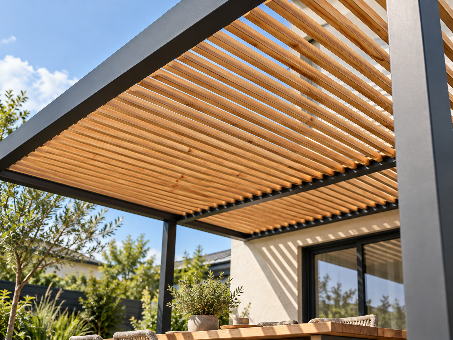 Moderní pergola s dřevěnými lamelami